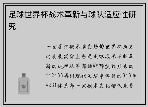 足球世界杯战术革新与球队适应性研究